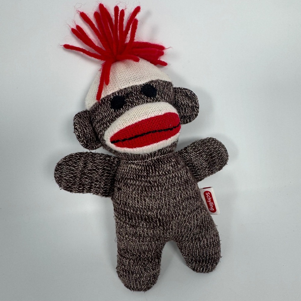 Schylling Sock Monkey Plush Stuffed Animal Toy Brown‎ Red Knit 7.5" | Baby Toy